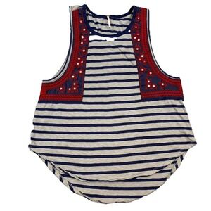 Free People Tank Top Women's Medium Gray Striped Knit Embroidered Round Hem